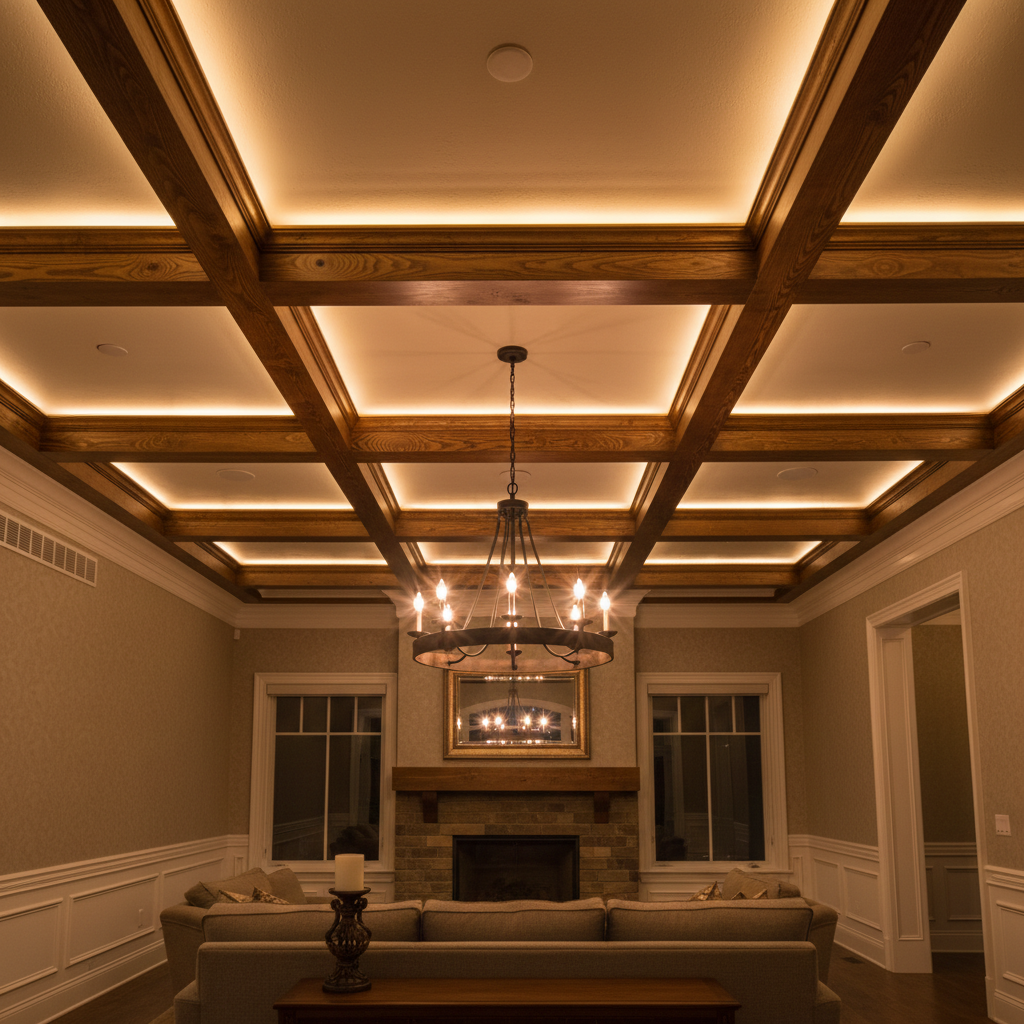uplit residential ceiling with wood beams