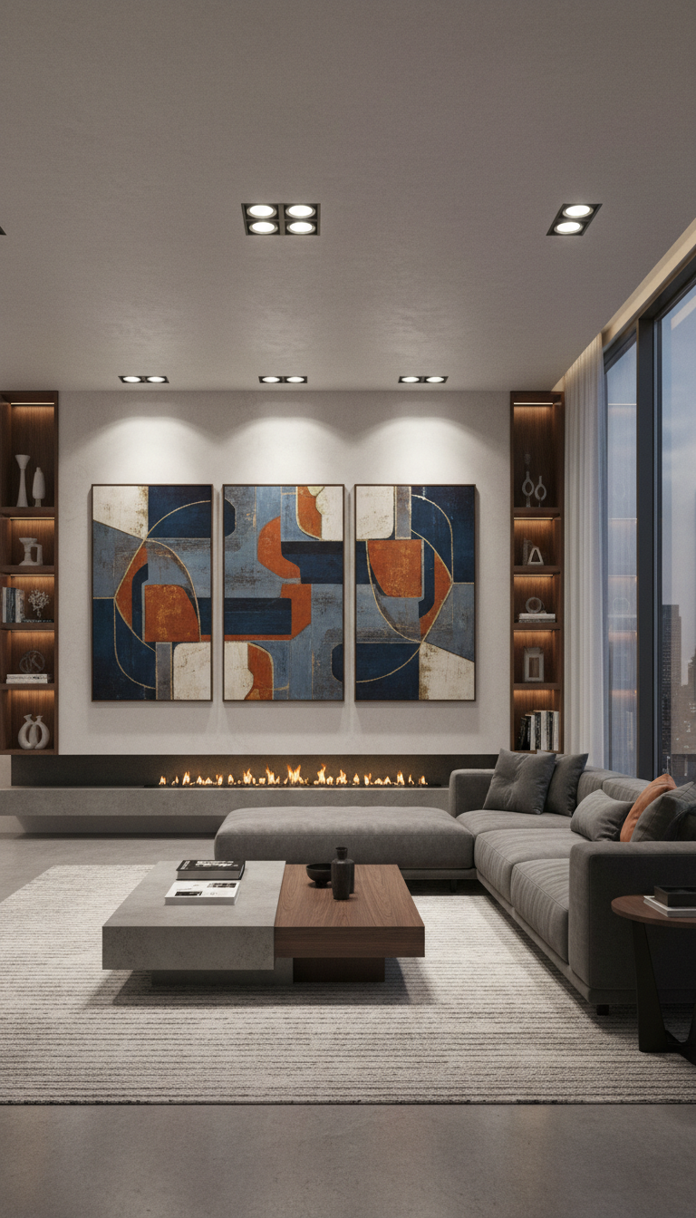 modern living room with art on the back wall lit by recessed ceiling lights