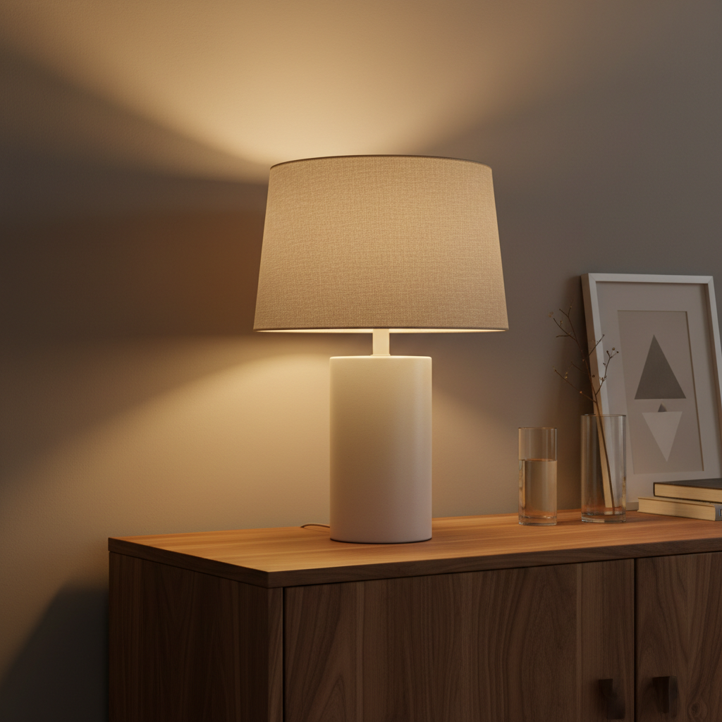 A contemporary table lamp with a cylindrical white ceramic base and an oversized neutral linen shade, placed on a natural walnut sideboard within a serene bedroom setting. The lamp emits a mellow, warm artificial light, creating a gentle gradient of illumination on the adjacent taupe wall and highlighting the rich wood grain of the sideboard. Subtle reflections are visible on surrounding minimalist decor elements, such as a glass vase and monochrome abstract artwork. Captured from a low, slightly off-center angle to emphasize the lamp’s stature and texture, the composition is uncluttered, structured, and imbued with a sense of quiet refinement—ideal for demonstrating professional residential lighting ambiance.