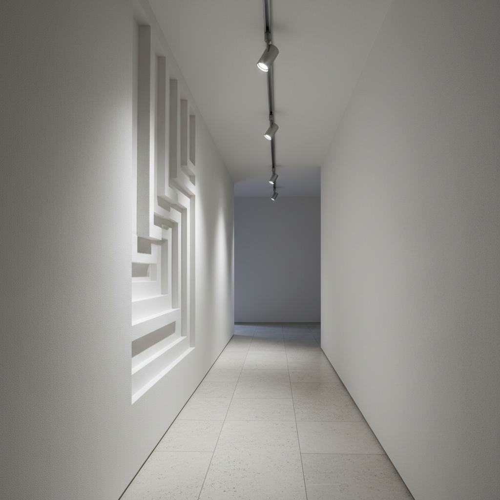 A minimalist track lighting system in brushed aluminum, ceiling-mounted in a narrow entryway finished with smooth white plaster walls and a pale stone tile floor. The adjustable fixtures direct cool, neutral white light onto a strategically positioned sculptural wall niche, accentuating architectural texture and form. The lighting creates crisp highlights and defined, elongated shadows, giving depth to the neutral tones. Photographed from a low, forward-facing perspective, the structured composition leverages the track’s linearity to guide the viewer’s eye, reinforcing a sense of order and professionalism. The overall mood is crisp, high-end, and meticulously curated, reflecting advanced lighting solutions for residential spaces.