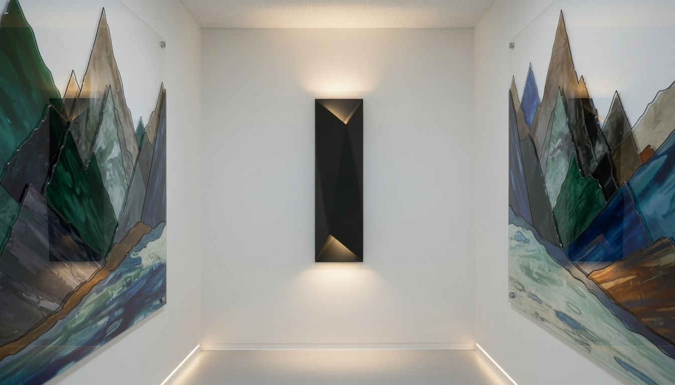 Add elegant glass art to the left and right side walls of this modern lighting space, maintaining a mountain modern design aesthetic.