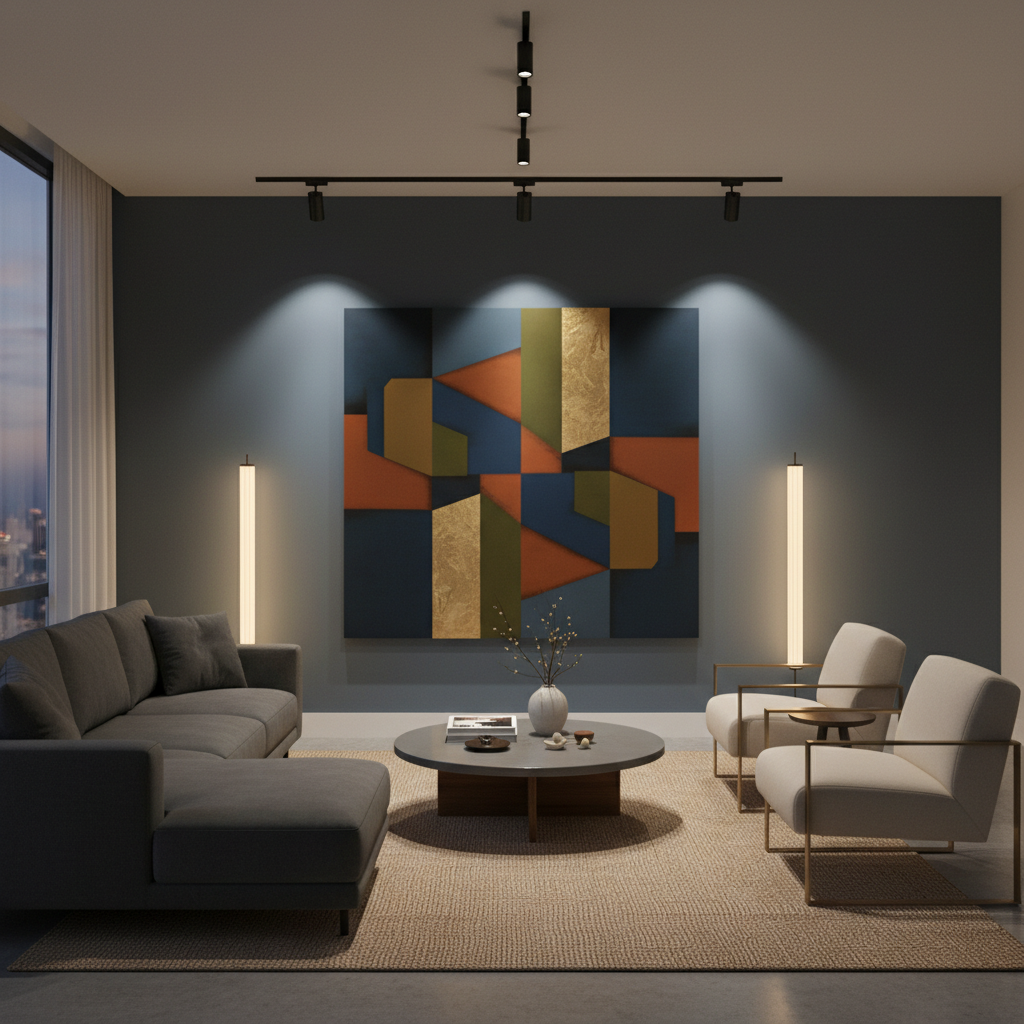 A modern living room featuring two chairs, a couch, and distinctive art lighting on the back wall. The art lighting highlights a large piece of modern artwork, creating a cozy and sophisticated ambiance.