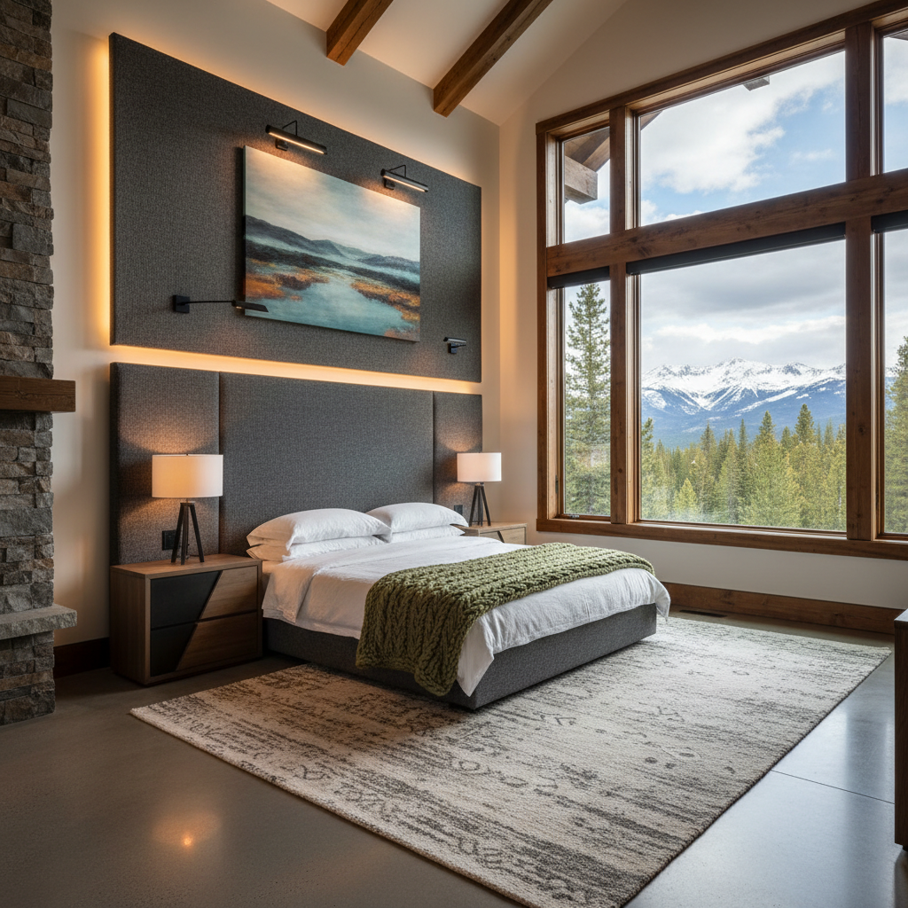 Modern large master bedroom in mountain modern style with art on wall illuminated by art lighting, a dramatic headboard with lighting around it, and a wall with a wood-framed window replacing floor-to-ceiling glass.
