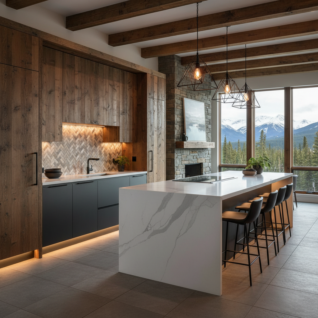 mountain modern kitchen with toe kick and under cabinet lighting