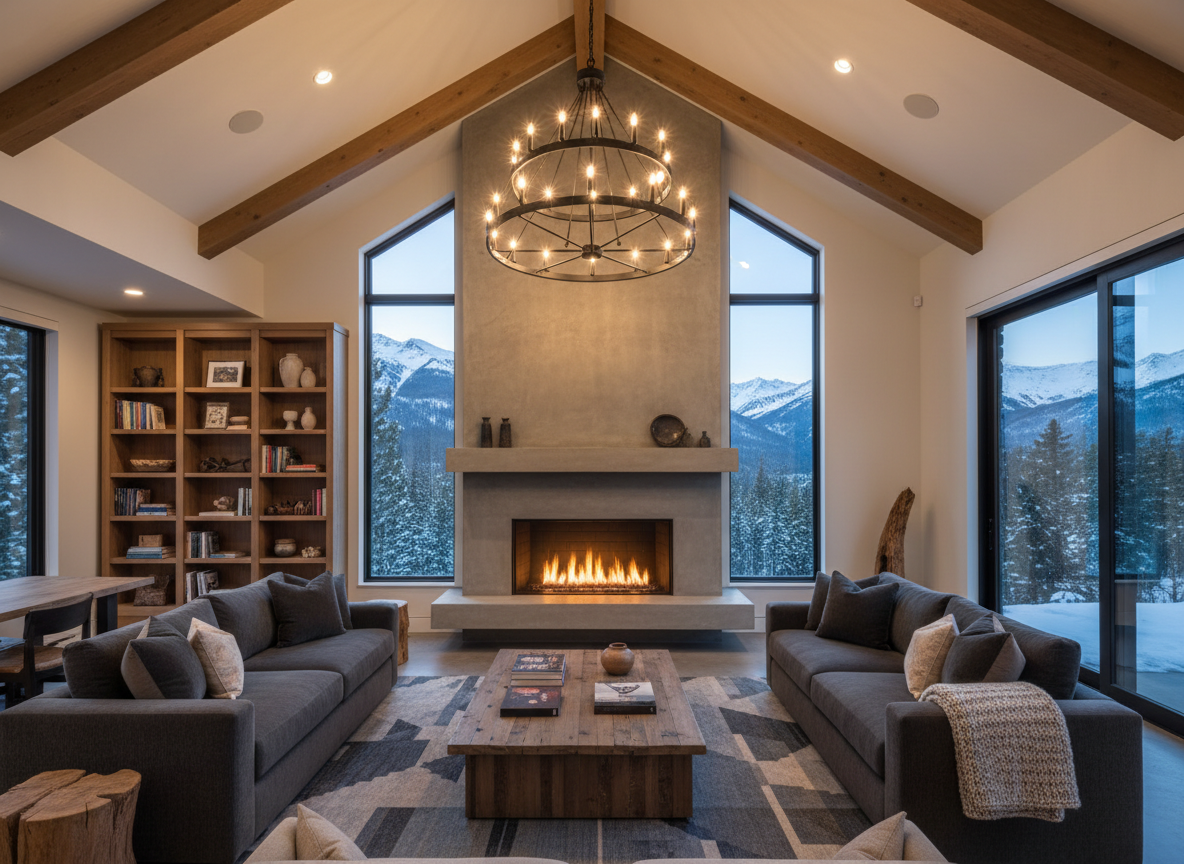 Mountain modern living room with a dramatic black chandelier. Add ceiling lights that reflect above the fireplace.