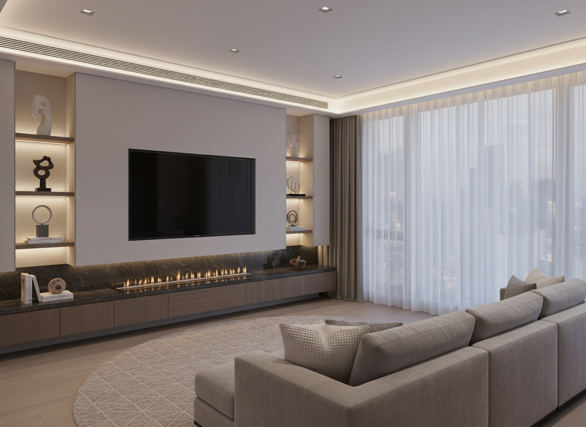 Photo-realistic modern living room interior with a large flat-screen TV mounted above a sleek fireplace, clean lines, neutral colors, comfortable sofa, subtle lighting, high-end home entertainment feel